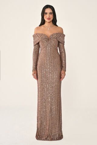 Uzun Kol Düşük Omuz Payet Uzun Elbise