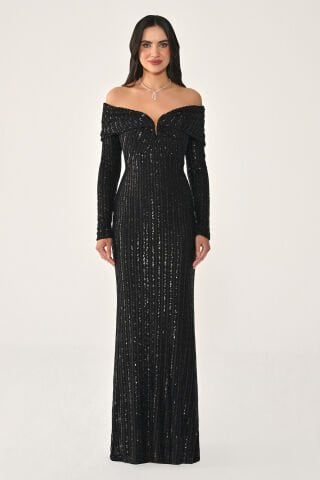 Uzun Kol Düşük Omuz Payet Uzun Elbise