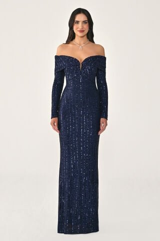 Uzun Kol Düşük Omuz Payet Uzun Elbise