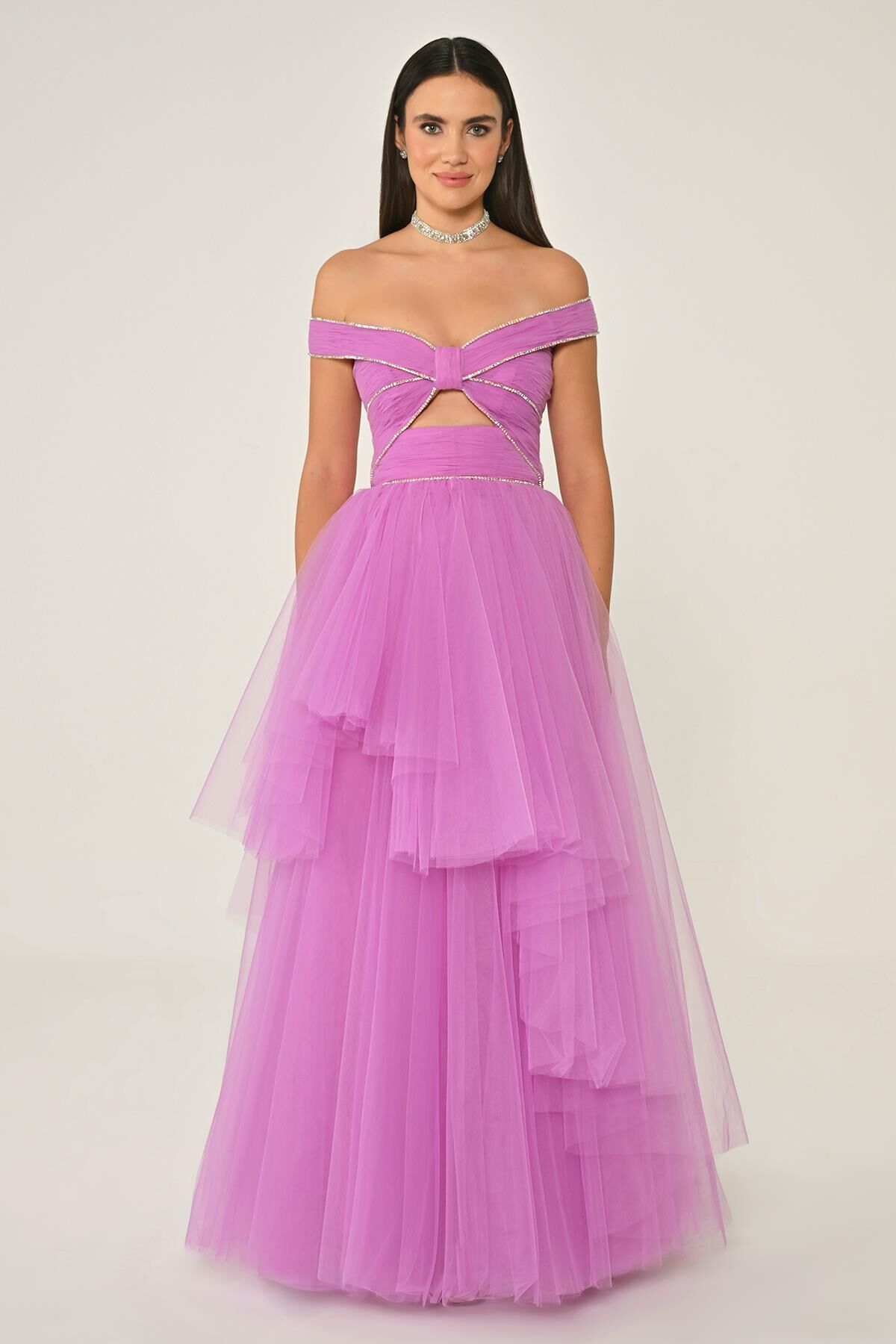 Düşük Omuz Taşlı Katlı Etek Tül Uzun Elbise 40 - LEYLAK