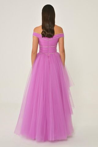 Düşük Omuz Taşlı Katlı Etek Tül Uzun Elbise 40 - LEYLAK