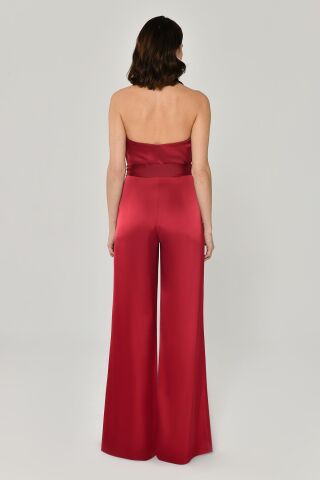 Degaje Belden Bağlamalı Bol Paça Saten Uzun Tulum Bordo - 38