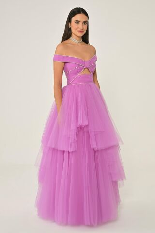 Düşük Omuz Taşlı Katlı Etek Tül Uzun Elbise 42 - LEYLAK