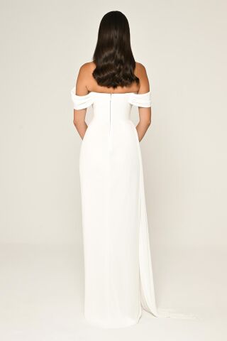 Düşük Omuz Yandan Yırtmaçlı Şifon Uzun Elbise Beyaz - 46