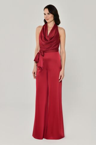 Degaje Belden Bağlamalı Bol Paça Saten Uzun Tulum Bordo - 40