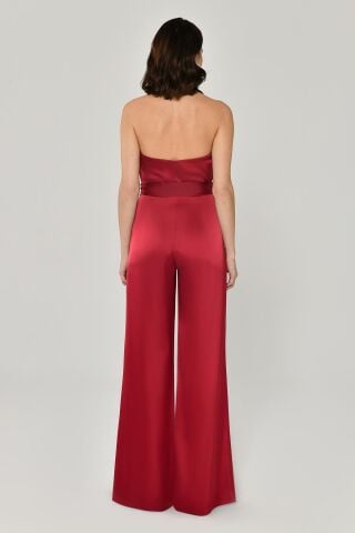 Degaje Belden Bağlamalı Bol Paça Saten Uzun Tulum Bordo - 40