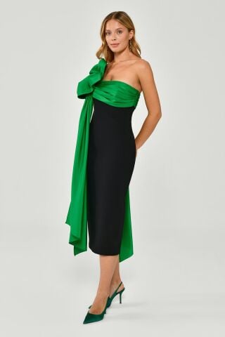 Tek Omuzdan Tafta Kumaş Bağlamalı Krep Midi Elbise SİYAH/A.YEŞİL - 40