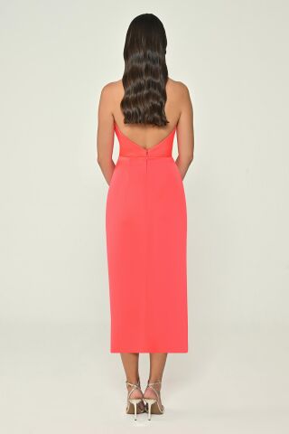 Boyundan Bağlamalı Degaje Yaka Saten Midi Elbise NEON ORANGE - 42