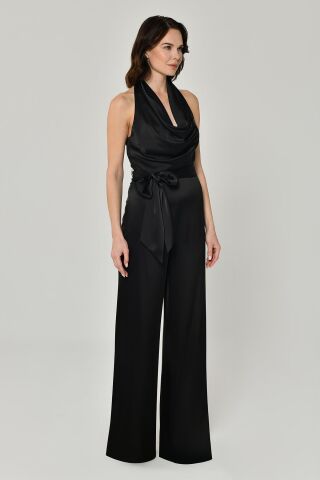 Degaje Belden Bağlamalı Bol Paça Saten Uzun Tulum Siyah - 38