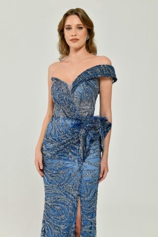 Düşük Tek Omuz Yırtmaçlı Tül Uzun Elbise İNDİGO - 38