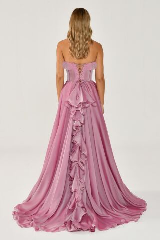 Straplez Fırfırlı Çift Yırtmaçlı Şifon Uzun Elbise Pembe - 36