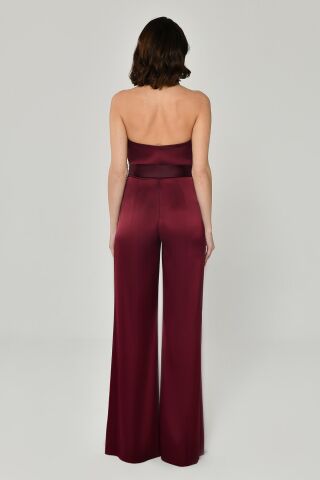 Degaje Belden Bağlamalı Bol Paça Saten Uzun Tulum KOYU BORDO - 38