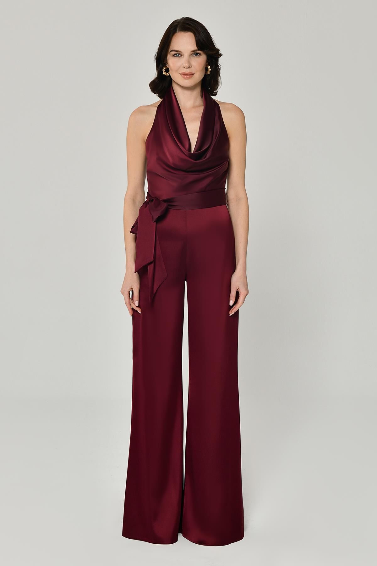 Degaje Belden Bağlamalı Bol Paça Saten Uzun Tulum KOYU BORDO - 38