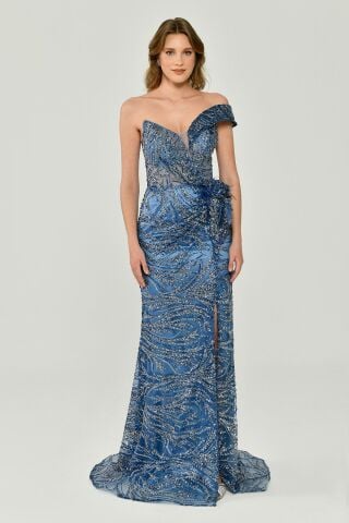 Düşük Tek Omuz Yırtmaçlı Tül Uzun Elbise İNDİGO - 40