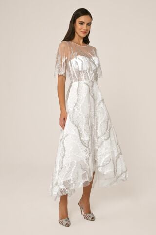 Kısa Kollu Parlak Tül Midi Elbise Beyaz - 40