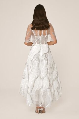 Kısa Kollu Parlak Tül Midi Elbise Beyaz - 40