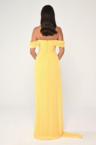 Düşük Omuz Yandan Yırtmaçlı Şifon Uzun Elbise SARI - 38