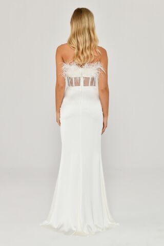 Straplez Otrişli Korse Transparan Bel Saten Uzun Elbise Beyaz - 36