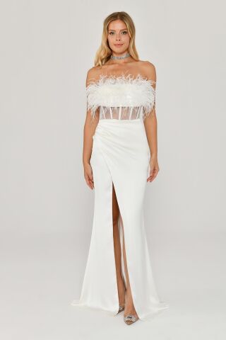 Straplez Otrişli Korse Transparan Bel Saten Uzun Elbise Beyaz - 36