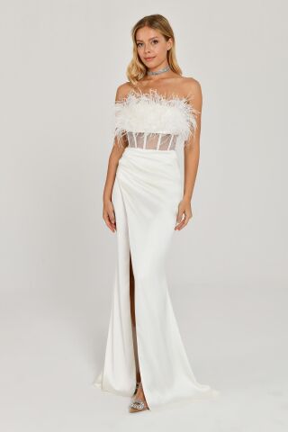 Straplez Otrişli Korse Transparan Bel Saten Uzun Elbise Beyaz - 36