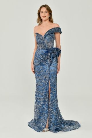 Düşük Tek Omuz Yırtmaçlı Tül Uzun Elbise İNDİGO - 42