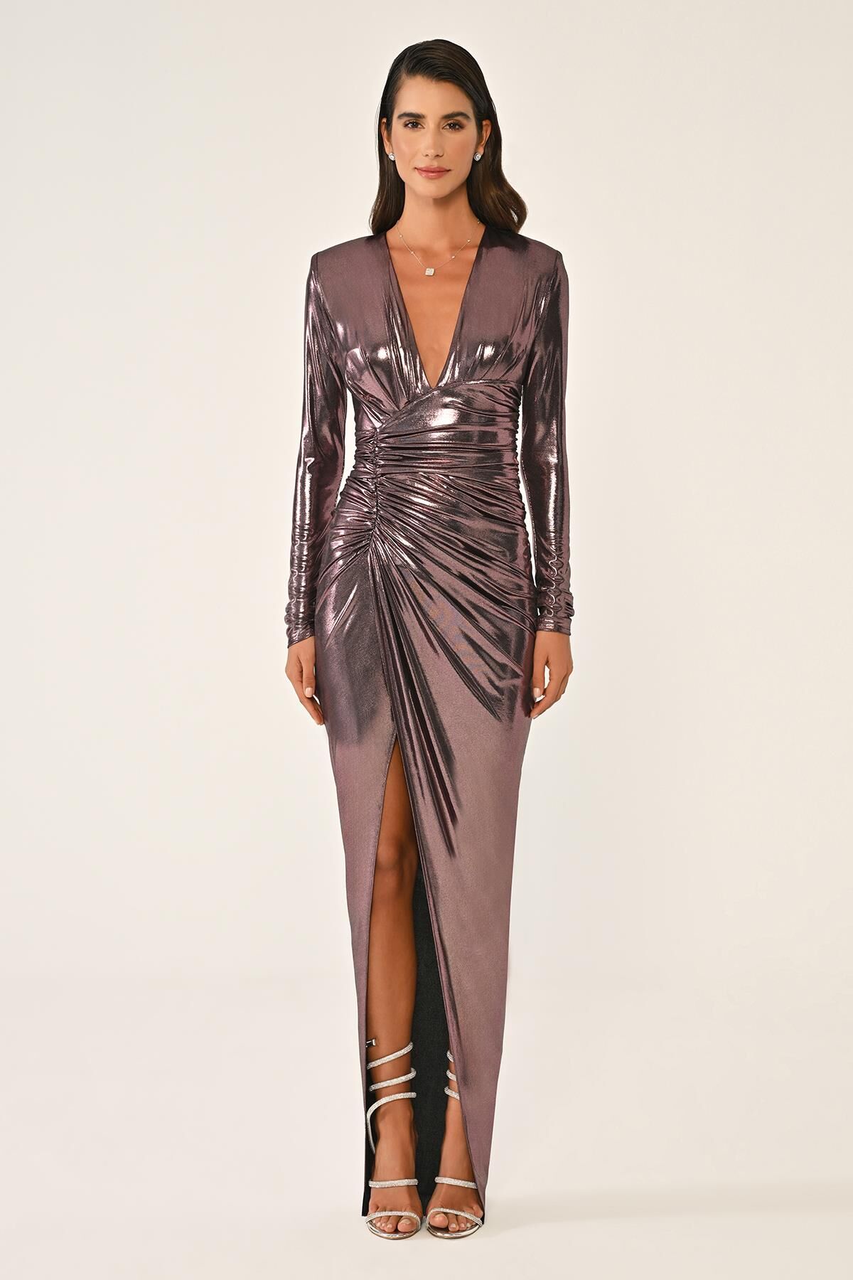 Derin V Yaka Derin Yırtmaç Parlak Kumaş Uzun Elbise SİYAH / MÜRDÜM - 36