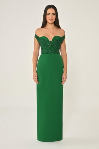 Düşük Omuz Üstü Taşlı Krep Uzun Elbise