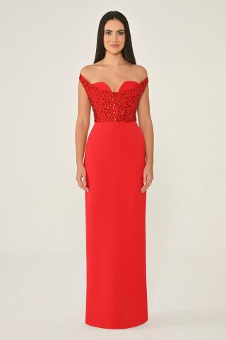 Düşük Omuz Üstü Taşlı Krep Uzun Elbise Kırmızı - 36