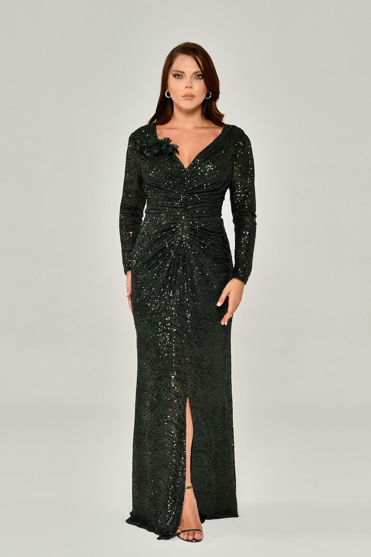 Uzun Kollu V Yaka Payetli Uzun Elbise Haki - 48