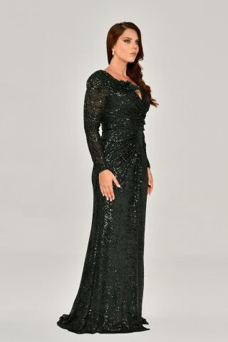 Uzun Kollu V Yaka Payetli Uzun Elbise Haki - 48