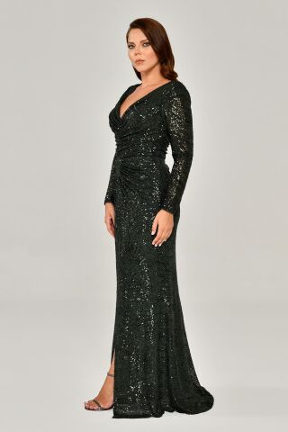 Uzun Kollu V Yaka Payetli Uzun Elbise Haki - 48