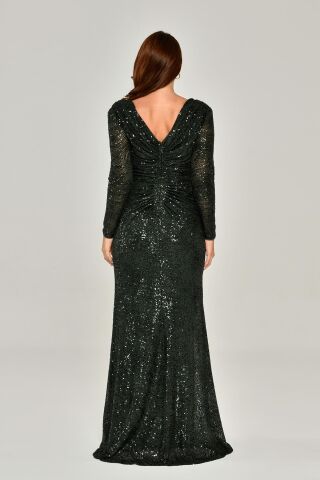 Uzun Kollu V Yaka Payetli Uzun Elbise Haki - 48