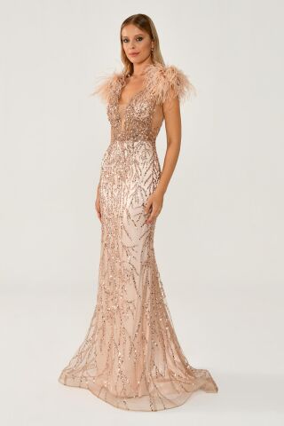 Omzu Otrişli Taşlı Uzun Elbise BAKIR - 40