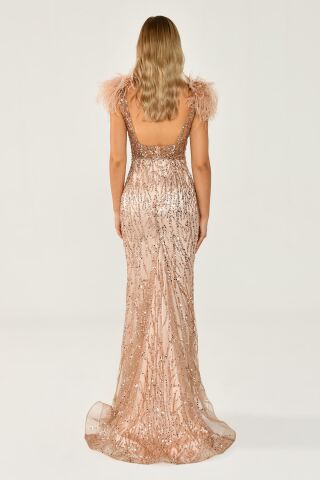 Omzu Otrişli Taşlı Uzun Elbise BAKIR - 40