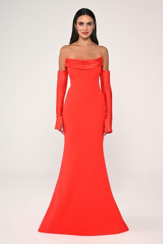 Straplez Kollu Balık Kesim Uzun Elbise ORANGE - 44