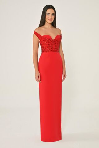 Düşük Omuz Üstü Taşlı Krep Uzun Elbise Kırmızı - 40