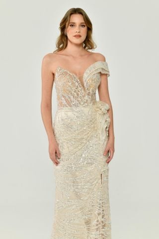 Düşük Tek Omuz Yırtmaçlı Tül Uzun Elbise EKRU - 38