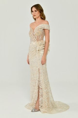 Düşük Tek Omuz Yırtmaçlı Tül Uzun Elbise EKRU - 38