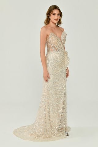 Düşük Tek Omuz Yırtmaçlı Tül Uzun Elbise EKRU - 38