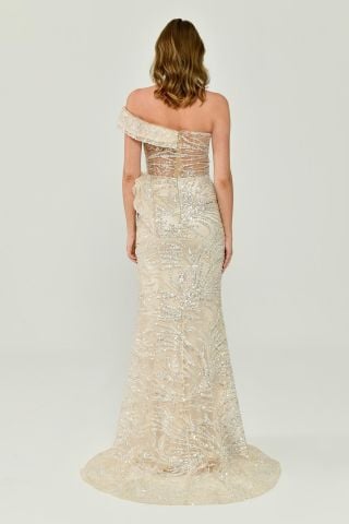 Düşük Tek Omuz Yırtmaçlı Tül Uzun Elbise EKRU - 38