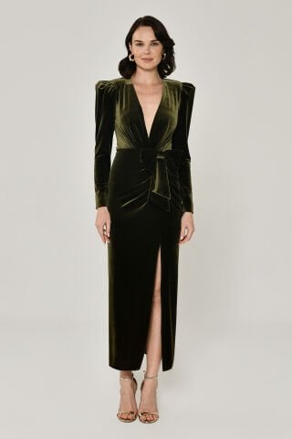 Uzun Kol Derin V Yaka Kadife Midi Elbise