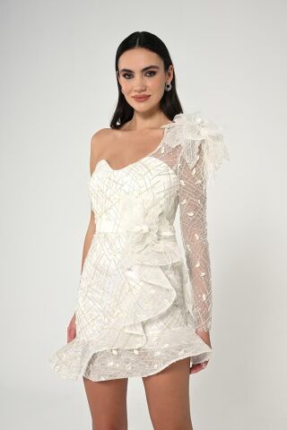 Tek Kol Taşlı Tüylü Kısa Elbise Beyaz - 38