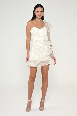 Tek Kol Taşlı Tüylü Kısa Elbise Beyaz - 38