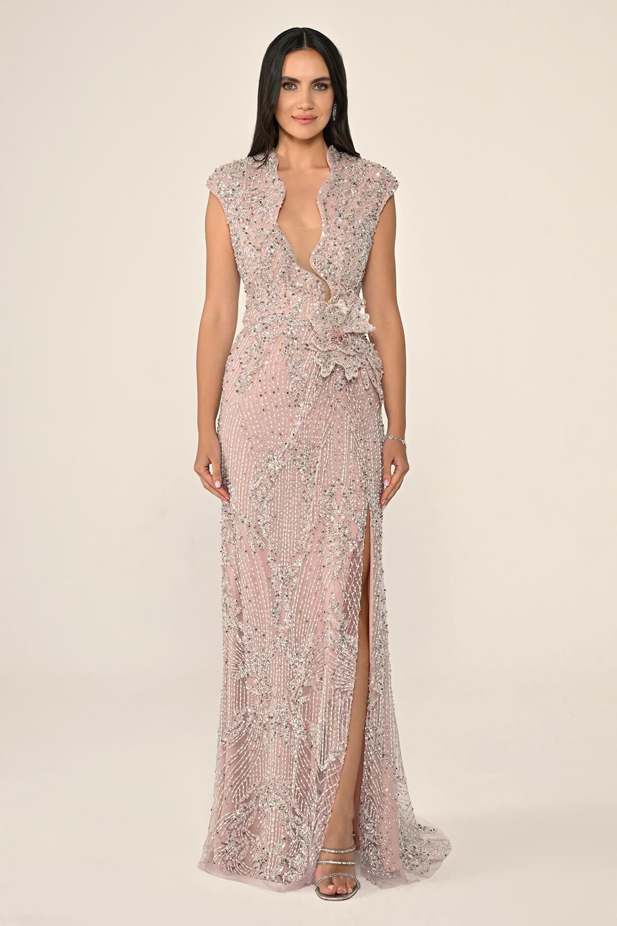 Low-Cut Waist Flower Accessory Sequin Long Dress DARK POWDER - 44
