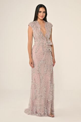 Low-Cut Waist Flower Accessory Sequin Long Dress DARK POWDER - 44