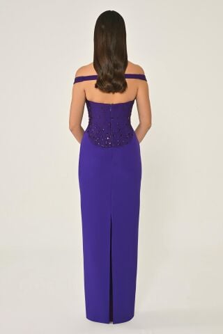Düşük Omuz Üstü Taşlı Krep Uzun Elbise Mor - 36