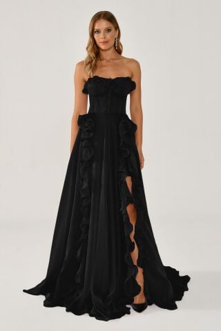 Straplez Fırfırlı Çift Yırtmaçlı Şifon Uzun Elbise Siyah - 36