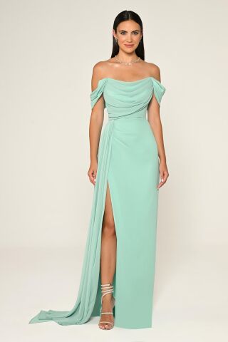 Düşük Omuz Yandan Yırtmaçlı Şifon Uzun Elbise MİNT - 44