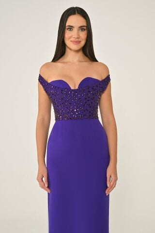 Düşük Omuz Üstü Taşlı Krep Uzun Elbise Mor - 40