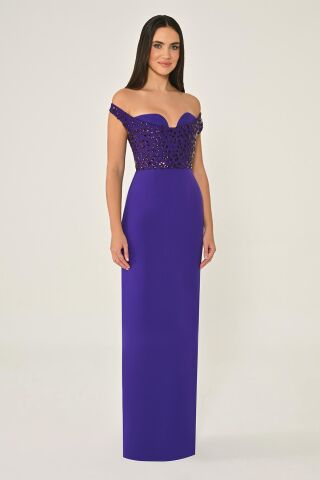 Düşük Omuz Üstü Taşlı Krep Uzun Elbise Mor - 42